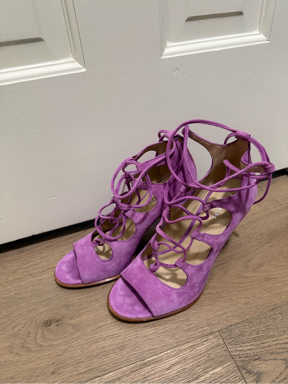 Coach Lilac Lace-Up Peep-Toe Heels with Suede Finish